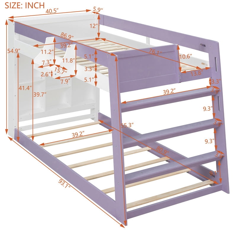 Twin-Over-Twin XL Kids/Teens Bunk Bed with Open Shelves & Guardrail, Accent Two-Tone Wood Storage Bed Frame with Bedside Rack