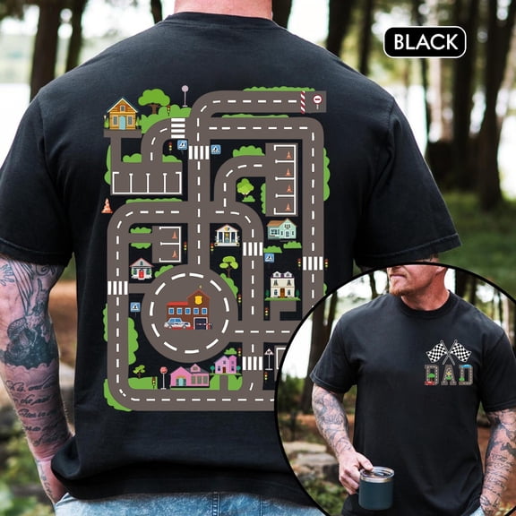 2 Sided Dad Race Track Graphic T-Shirt, Construction Theme Tee for Father's Day
