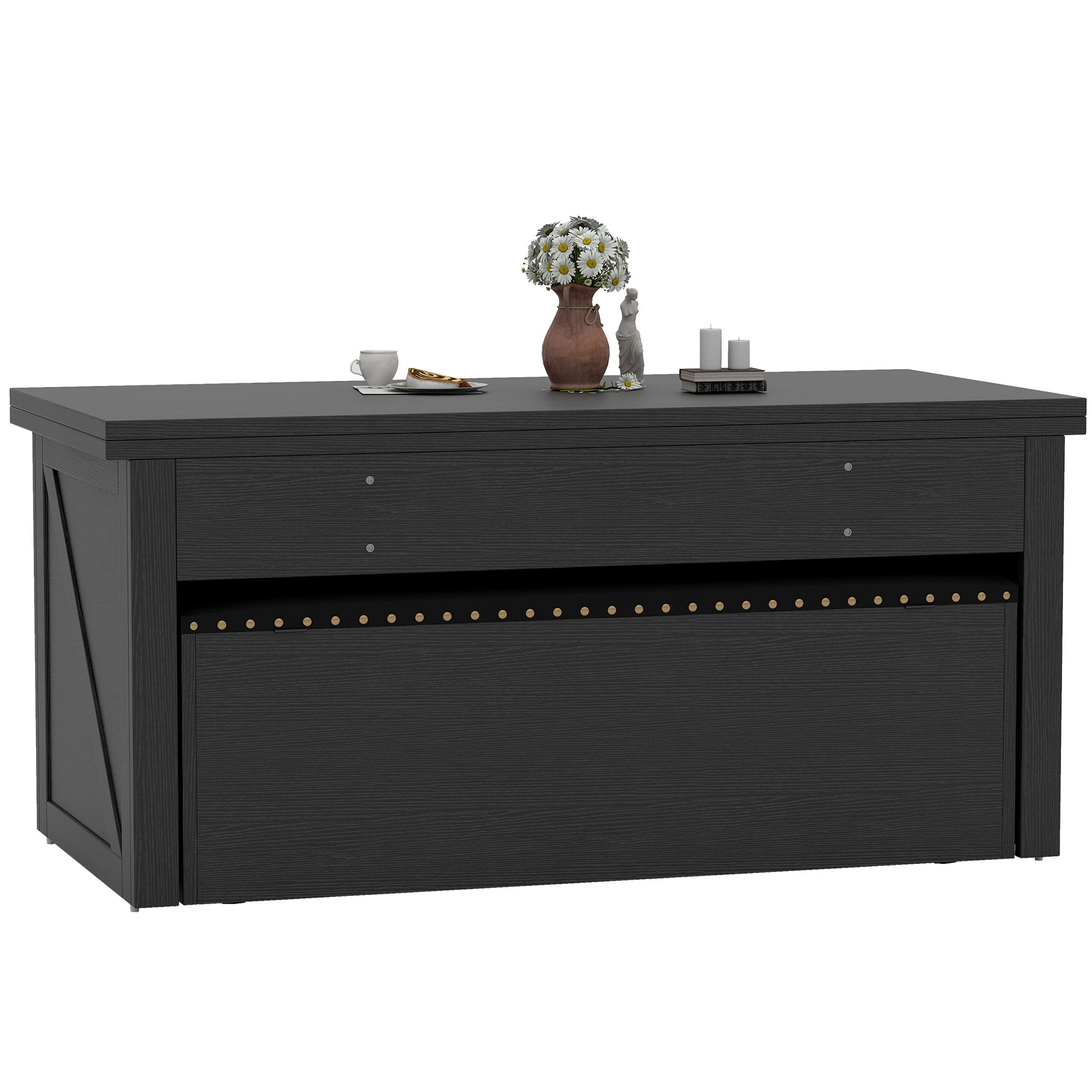 Uforic Wood Lift Top Coffee Table with Rolling Ottoman Storage Bench, Black