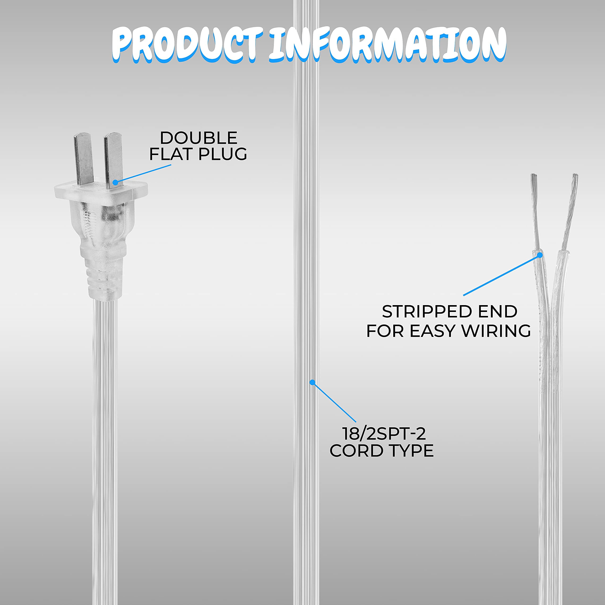 OhLectric Lighting Silver Cord Set OL-39254 - Two Pronged Light Wire Extension - 18-2 SPT - 2 Split Strip Wire Ends - Decorative Silver Finish - CSA Approved Temperature Resistant Cords - 8 Ft Long