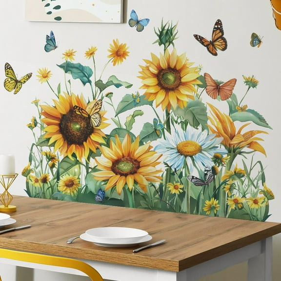 Sunflower Wall Decal Garden Floral Wall Stickers Flower Wall Stickers Peel and Stick Wall Decal, Removable DIY Art Murals Living Room Kids Room Bedroom Playroom Decor