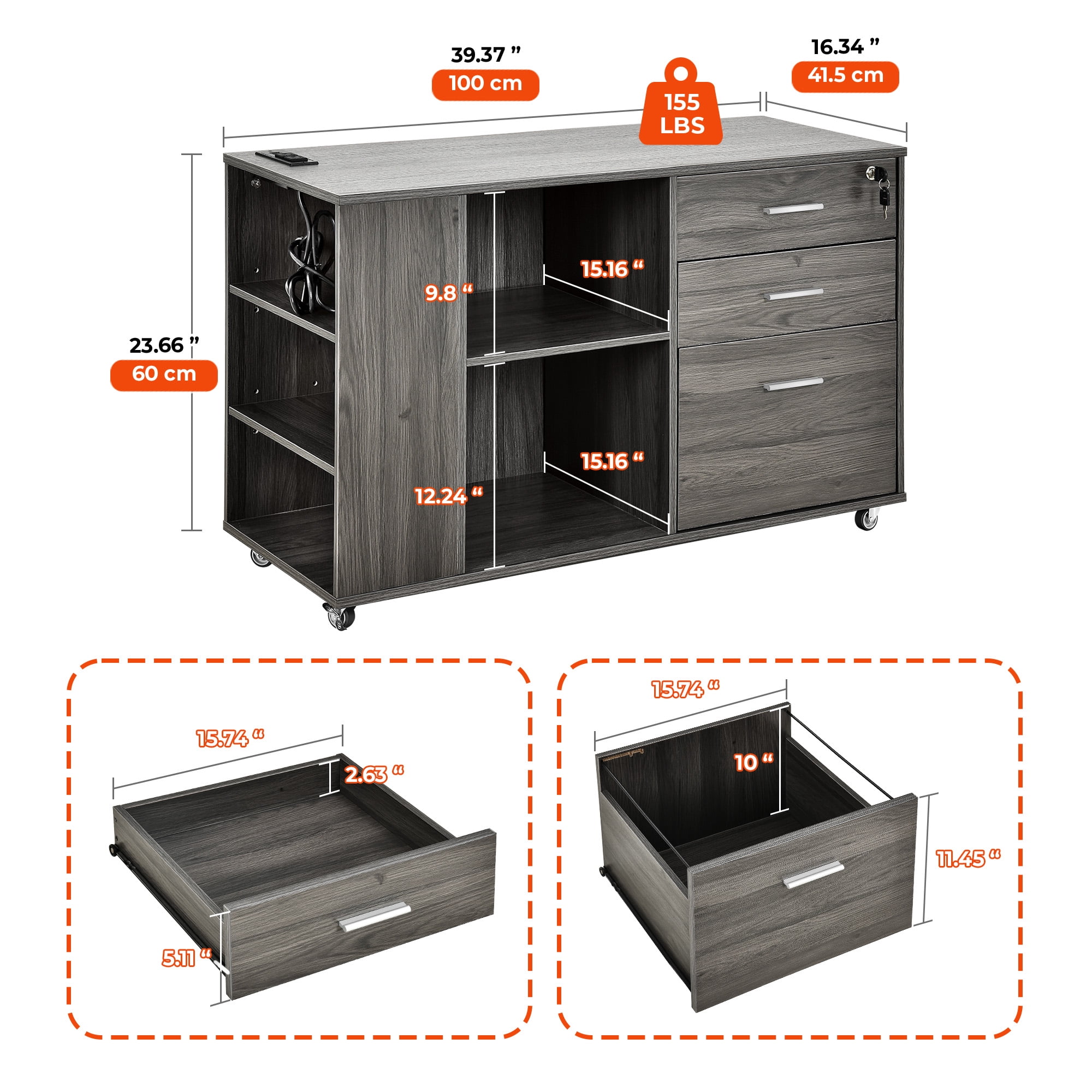 Wooflex Lateral Filing Cabinet with Charging Hub, Adjustable Shelf, Locking Drawers, Wheels, Modern 1x3x2 ft Portable Modern Wood Printer Stand, Ash Charcoal Gray