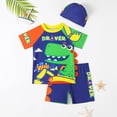 thumbnail image 3 of Rggeeun Boys Child Swimsuit Set 2Pc Cute Dinosaur & Cartoon Truck Pattern Short Sleeve Crew Neck Top & Elastic Waist Wide Leg Swim Trunks for Summer Pool Training Cozy Swimwear,Green,5-6 Years, 3 of 5
