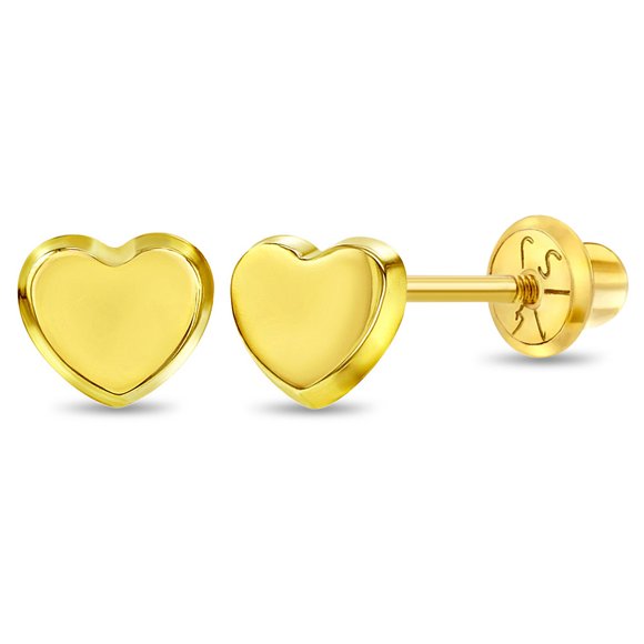 14k Yellow Gold Classic Little Heart Screw Back Earrings Babies and Toddlers 4mm
