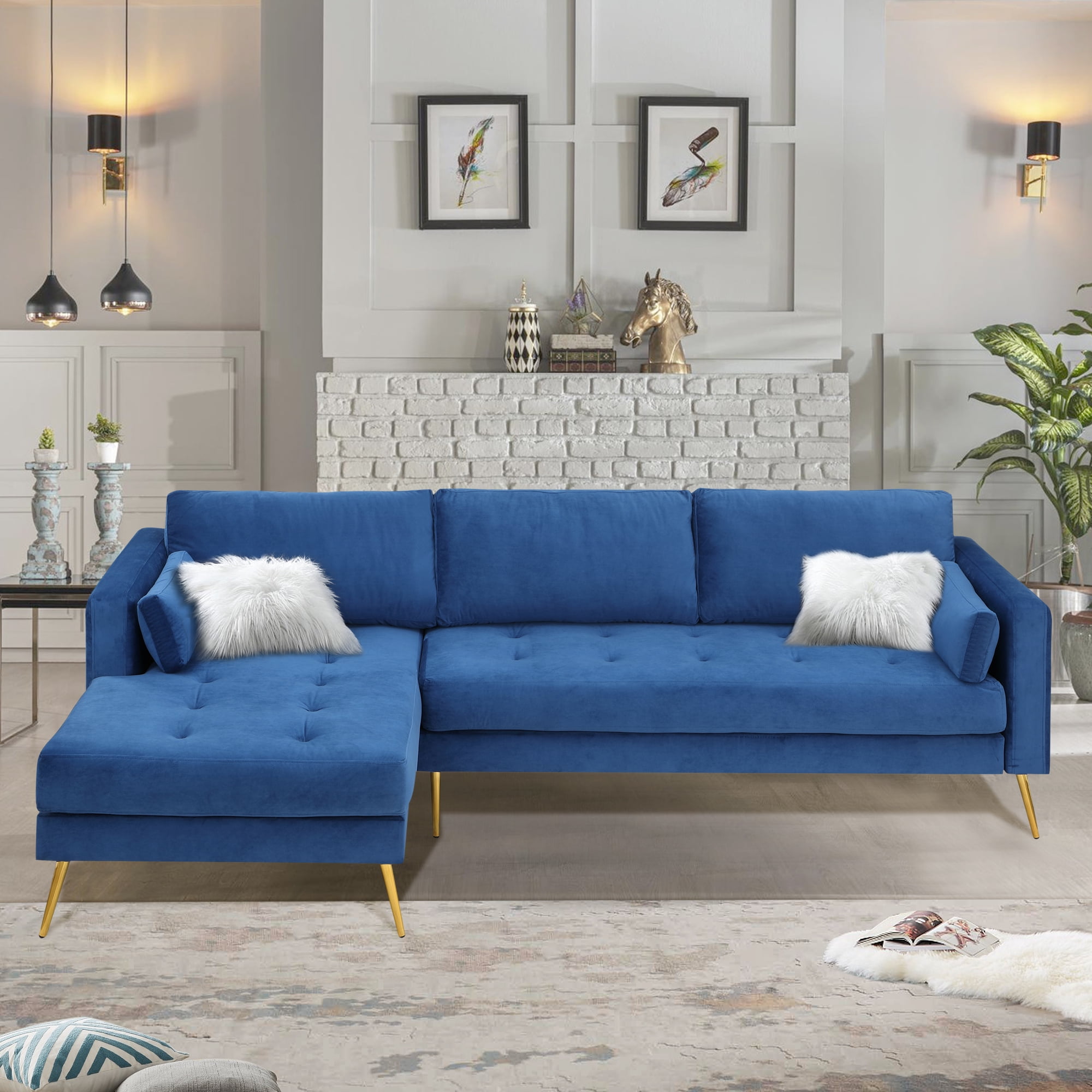 Hombay Velvet LShaped Sectional Sofa Bed with Chaise, 3Seater