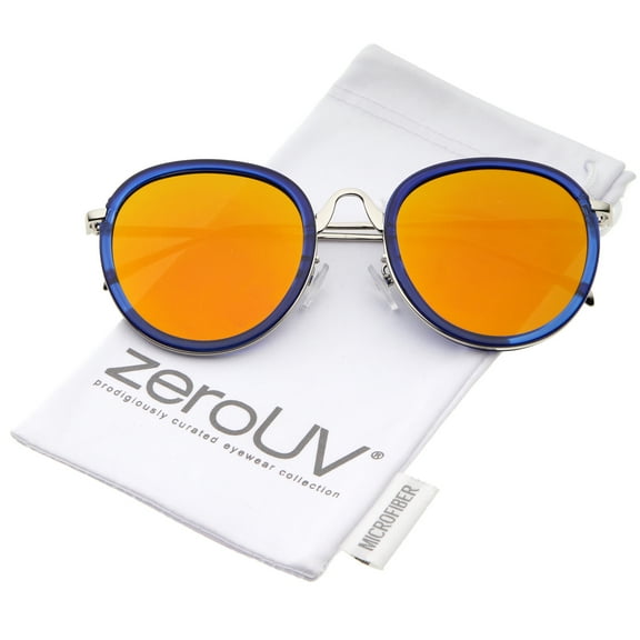 zeroUV Unisex Modern Arched Bridge Slim Temple Colored Mirror Flat Lens Round Sunglasses 52mm (Blue-Silver / Orange Mirror) - 52mm