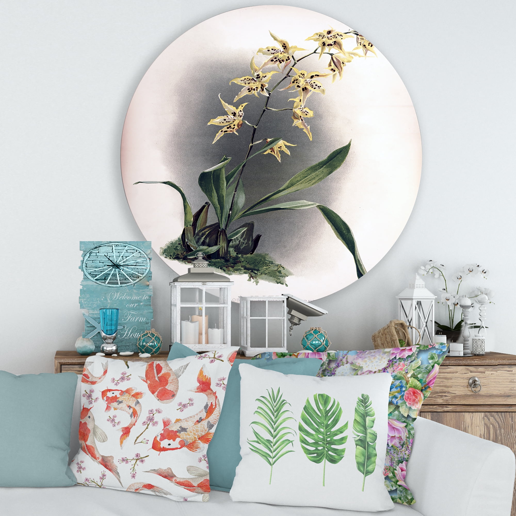 Designart 'Ancient Orchid Flower' Traditional Circle Metal Wall Art 29x29 - Disc of 29