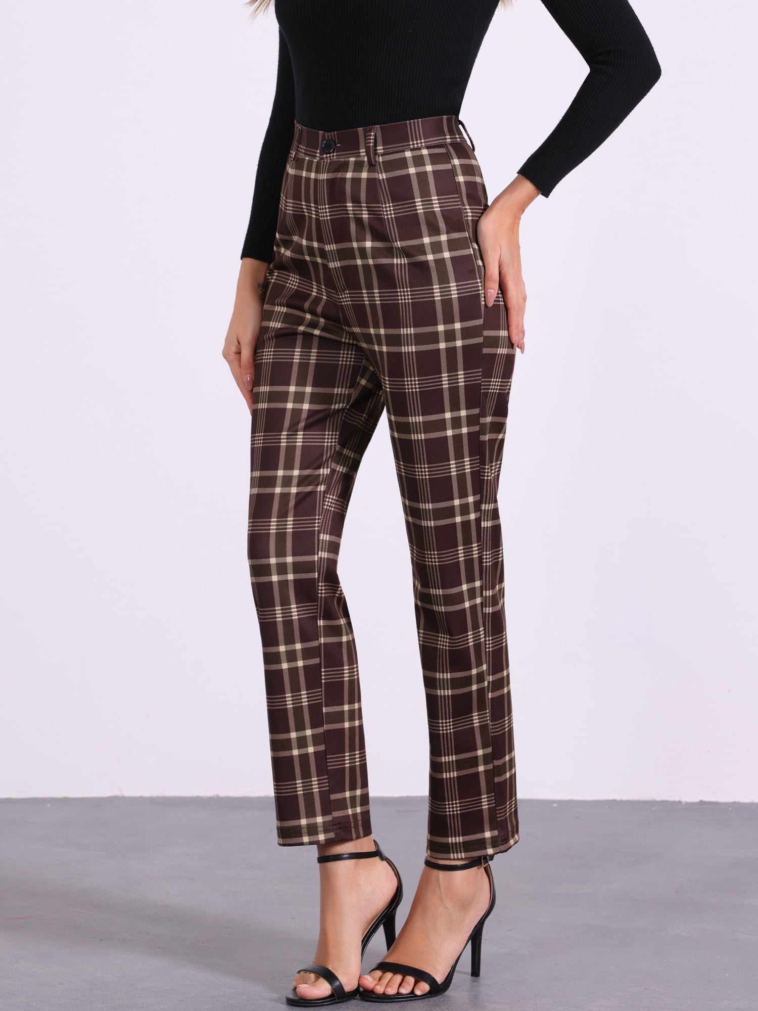DARING DIVA Women's Plaid Trousers Button Tartan Check Work Pants M Red Brown