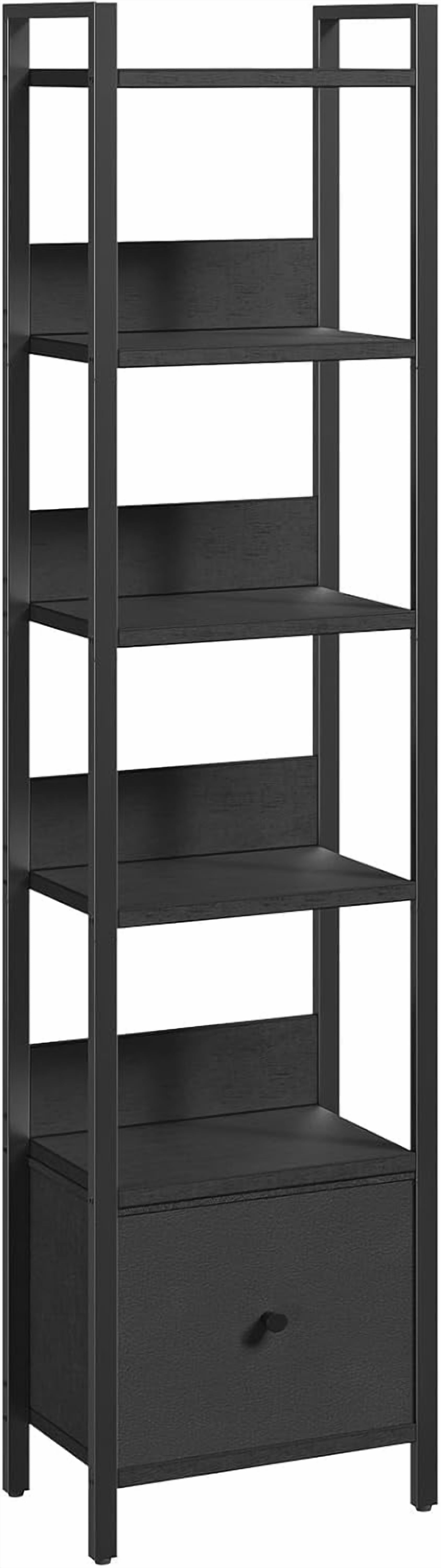 Bookshelf, 6 Tier Tall Narrow Bookcase with Drawer, Industrial Shelf Storage Organizer, Display Shelving Unit for Living Room, Home Office, Study, Black BKHB66101