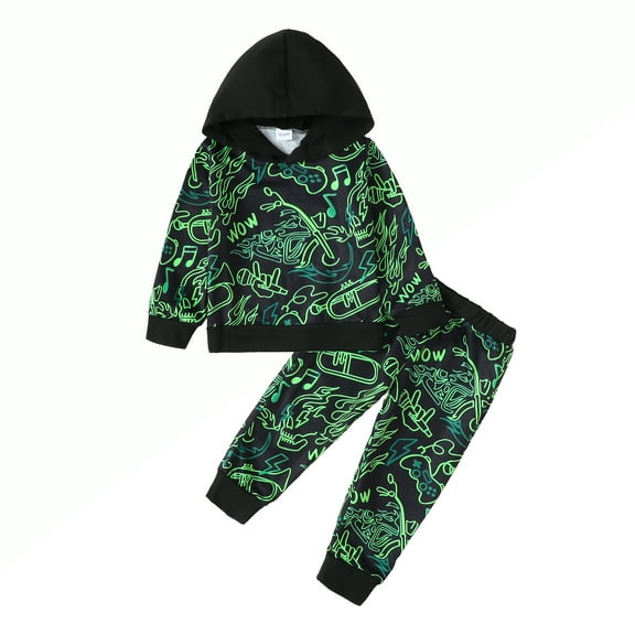 Kucnuzki Infant Baby Boys Outfits 18-24 Months Graffiti Print Long Sleeves Hoodie   Pants 2pcs Pant Sets Fall Winter Green