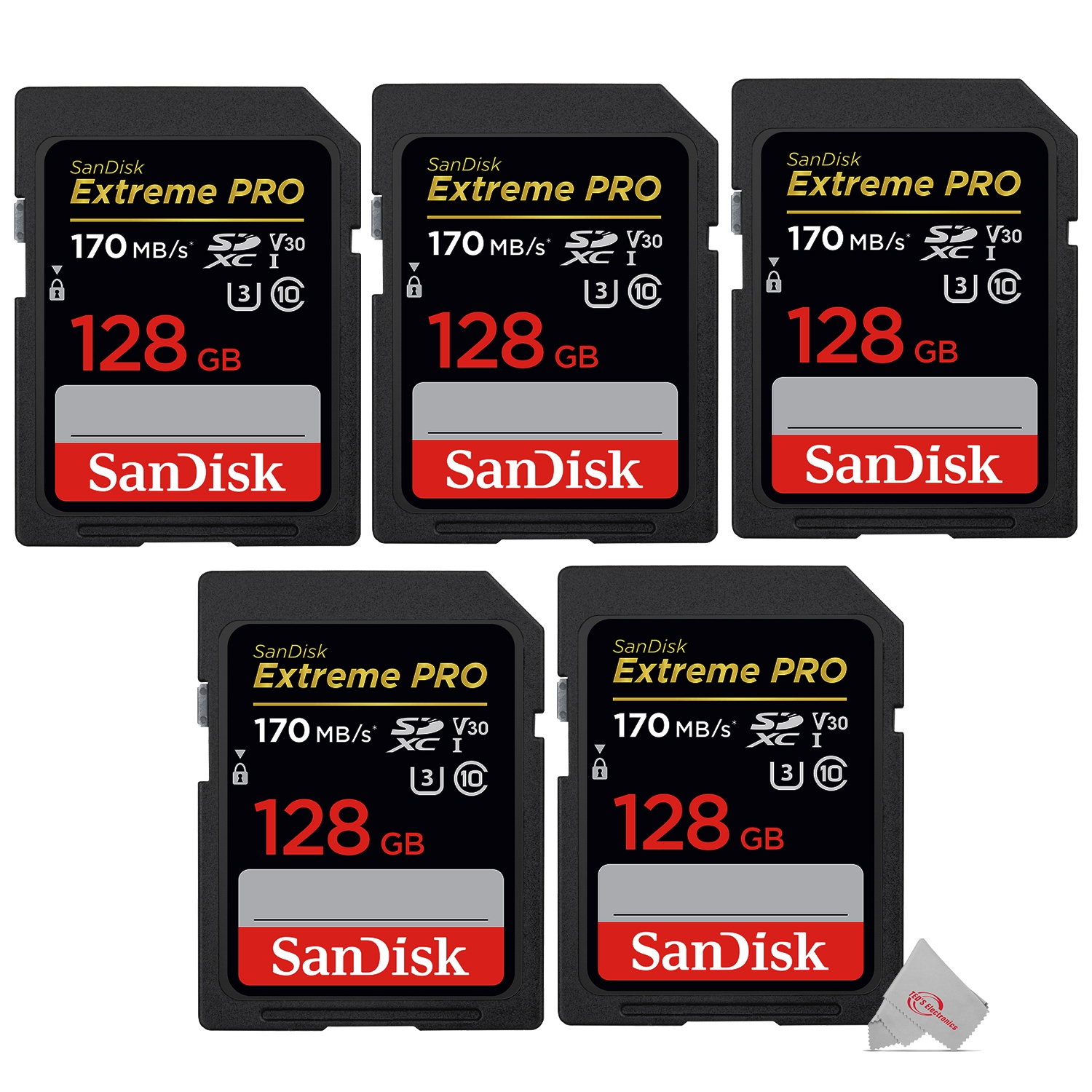 5x SanDisk Extreme Pro 128GB SDXC UHS-I/U3 V30 Class 10 Memory Card, Speed Up to 170MB/s (SDSDXXY-128G-GN4IN) - image 1 of 3