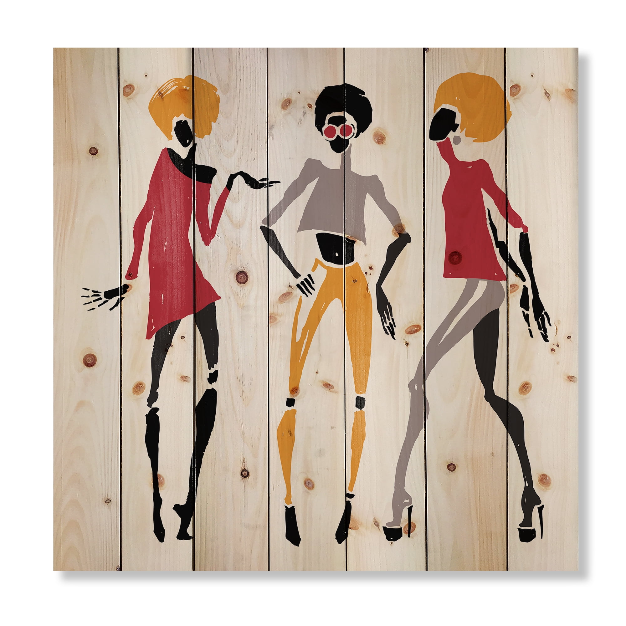 Designart 'African American Women Silhouettes Red and Yellow I' Modern Print on Natural Pine Wood