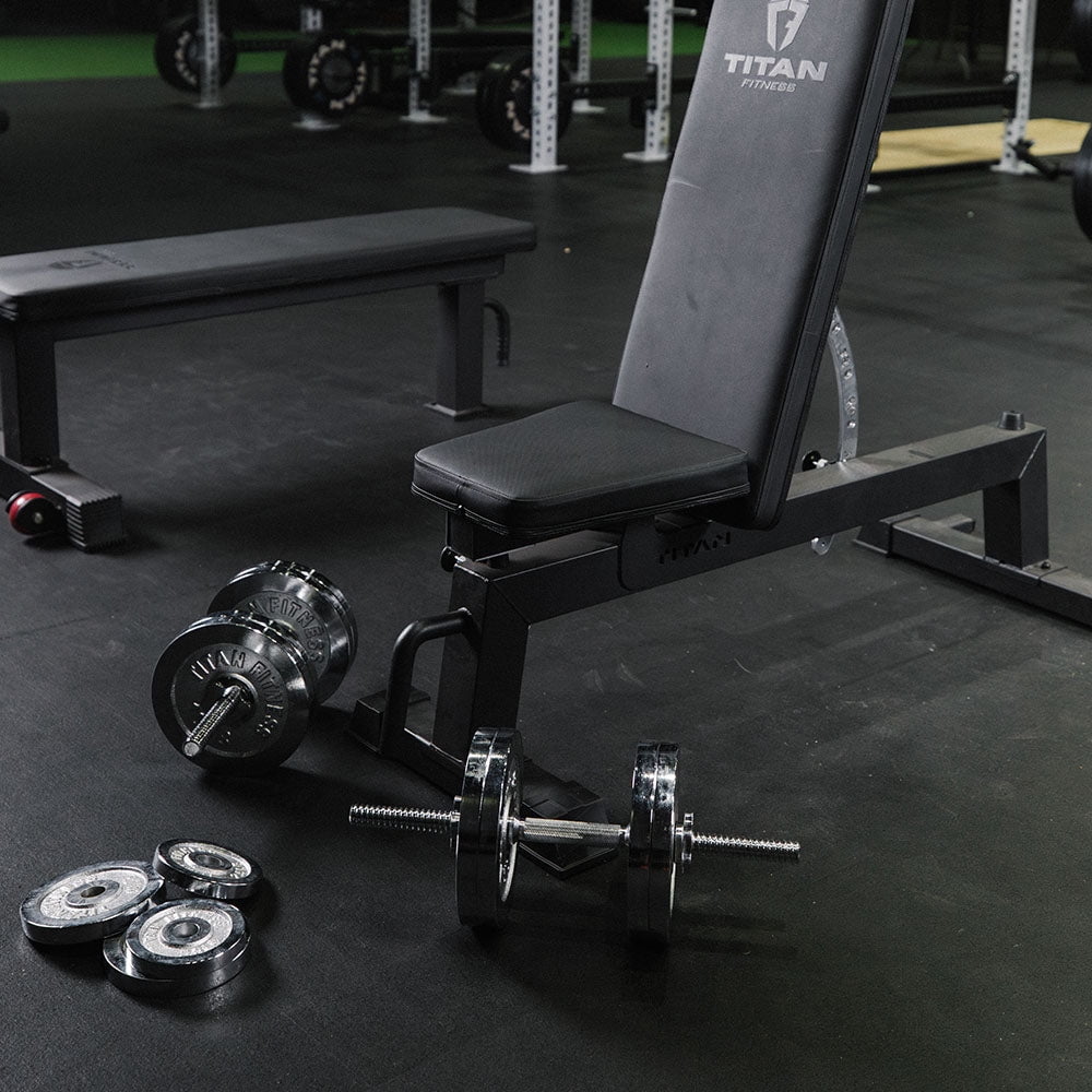 Titan Fitness 200 LB Adjustable Chrome Dumbbell Set, Pair of 100 LB Dumbbells, Medium Knurl Grip Handles