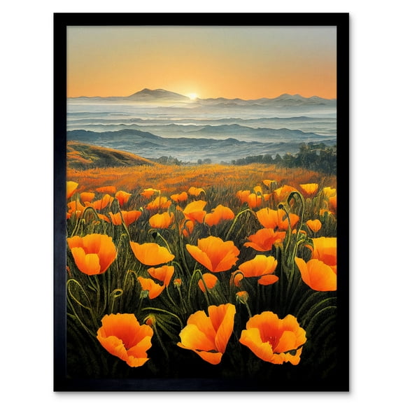 Shoreline California Poppies At Sunrise Painting Art Print Framed Poster Wall Decor 12x16 inch