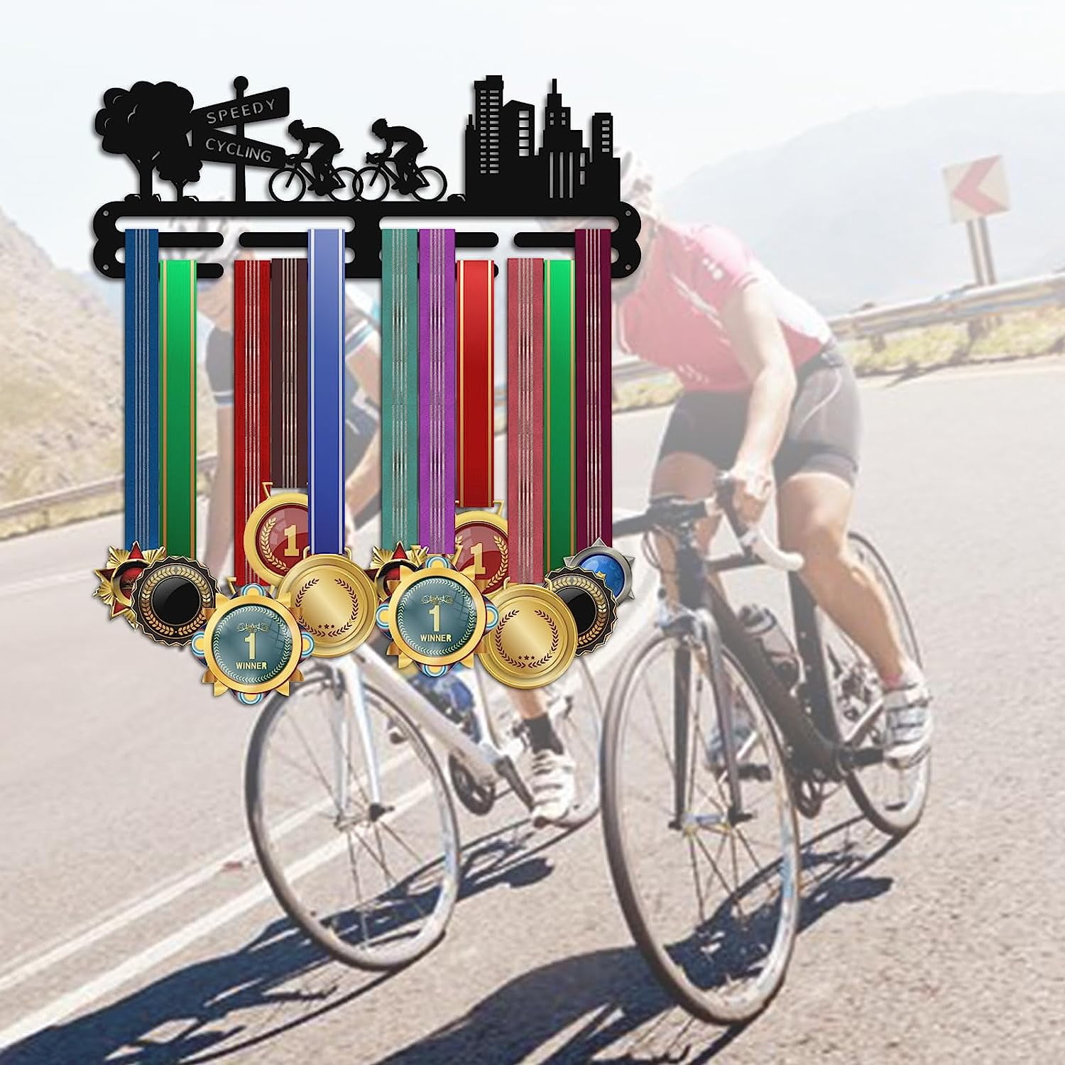 Cycling Medal Hanger Display Competition Medal Holder 3 Lines Sport Award Rack Wall Mount Iron Frame for Over 50 Medals Necklace Jewelry 40x15cm/15.7x5.9inch DIY