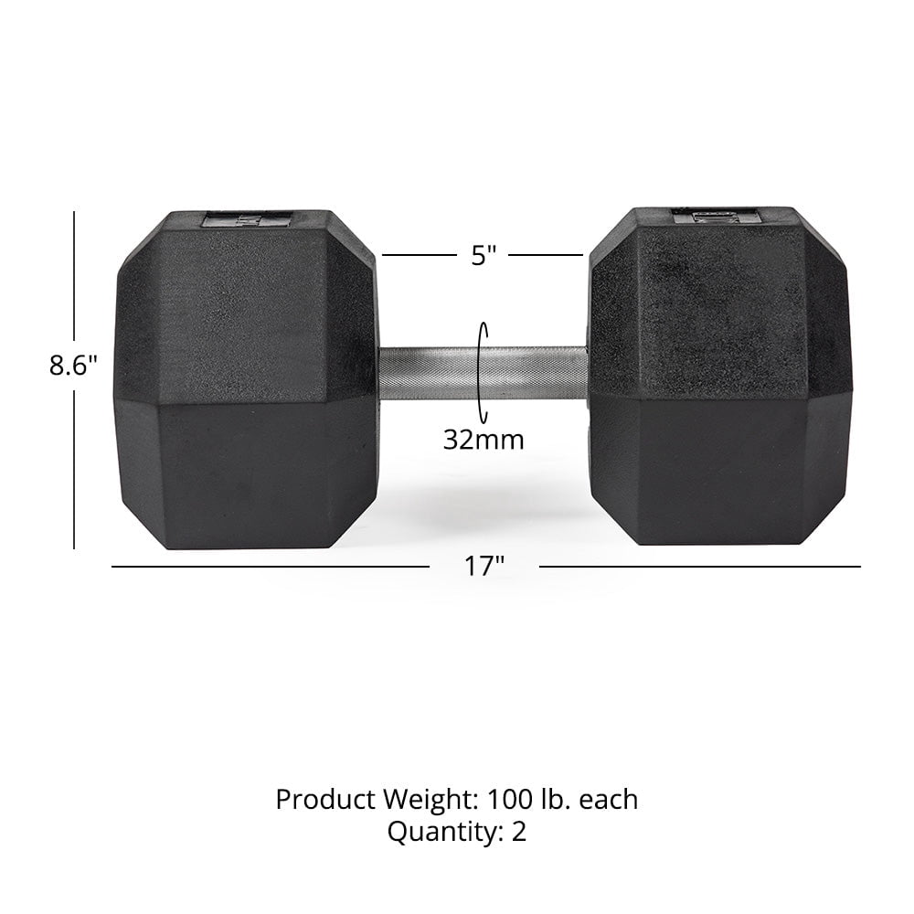Titan Fitness 100 LB Pair Free Weights, Black Rubber Coated Hex Dumbbell, Straight Stainless Steel Handle, Strength Training, Full Body Workout