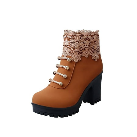 

Women s Comfort Lug Sole Chunky Heel Floral Lace Round Toe Ankle Booties