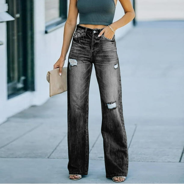New Year New You! Feltree Full Length Pants Jeans Women Fashion Casual  Solid Color Jeans Pocket Pants Women's Jeans Black L