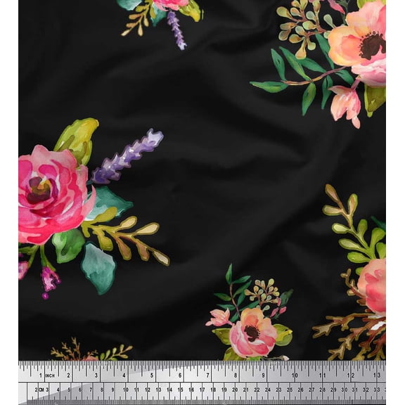 Soimoi Cotton Duck Fabric Leaves & Anemone Flower Printed Fabric 1 Yard 42 Inch Wide