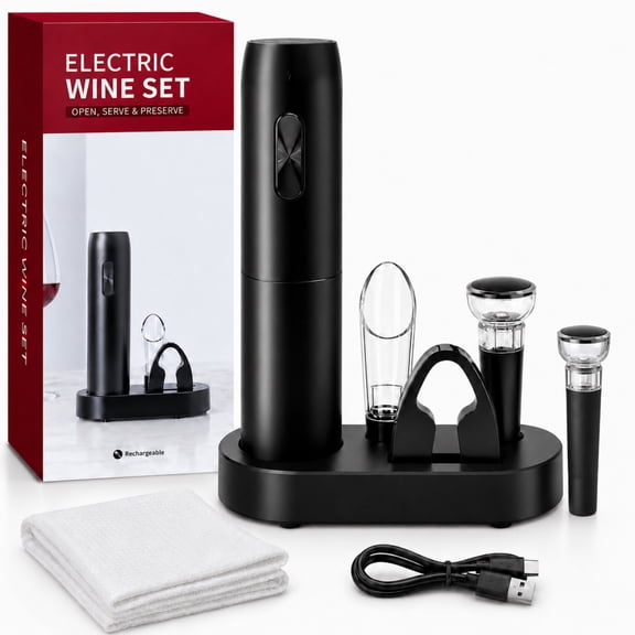 QOPR Electric Wine Bottle Openers with Charging Base, Automatic Corkscrew, Foil Cutter, Aerator Pourer, 2 Vacuum Stoppers and Cleaning Cloth