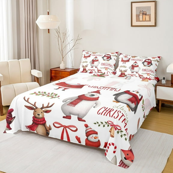 Manfei Cute Bear Deer Twin Sheet Sets,Merry Christmas Twin Fitted Sheet,Cartoon Xmas Snowman Penguin Flat Sheet For Girls Boys,Luxury Bedroom Decor,3-Piece