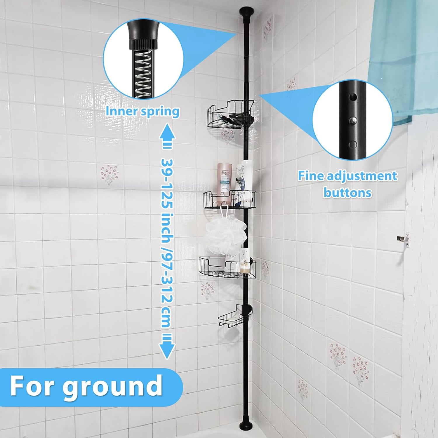 DEROFIT Shower Organizer Caddy 39-125" Stainless Steel Shower Shelves Rack for Inside Shower Bathroom Bathtub Caddy Rustproof Tension Pole Black