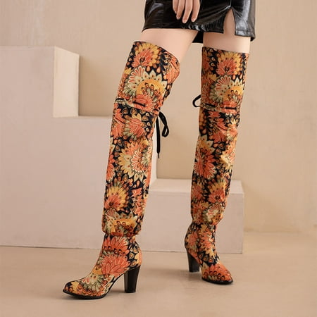 Floral print cheap thigh high boots