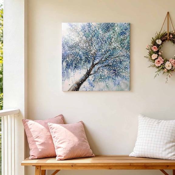 Spring Tree Canvas Wall Art for Living Room Bedroom Bathroom, Vintage Rustic Blue Botanical Oil Painting Texture Canvas Art Wall Decor, Artwork for Walls Home Office Decor, 12"x12"