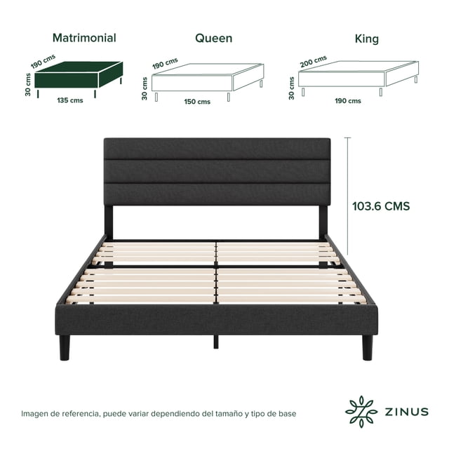 Base de Cama con Cabecera Matrimonial Zinus Piper Tapizada Color Negro. Fácil Armado, para Todas las Edades.