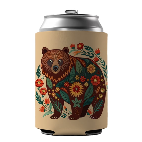Grizzly Bear Floral Motif Drink Beer Soda Insulated Sleeve Holder Can Cooler Hugger