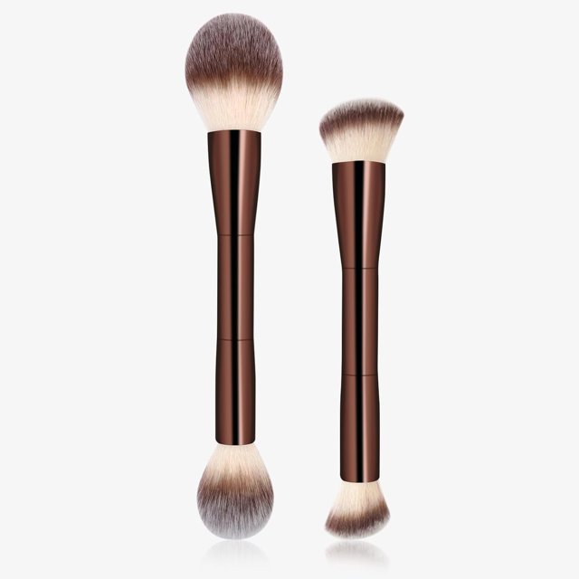 Juego de 2 brochas de maquillaje de doble cara. Ideales para base, rubor y contorno en líquido, crema o polvo. Profesionales y versátiles para un acabado perfecto.