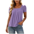 thumbnail image 3 of ClodeEU Women's Square Neck Short Sleeve Pleated Blouse,Casual Loose Fit Solid Top Purple,Women's Plus XL, 3 of 9