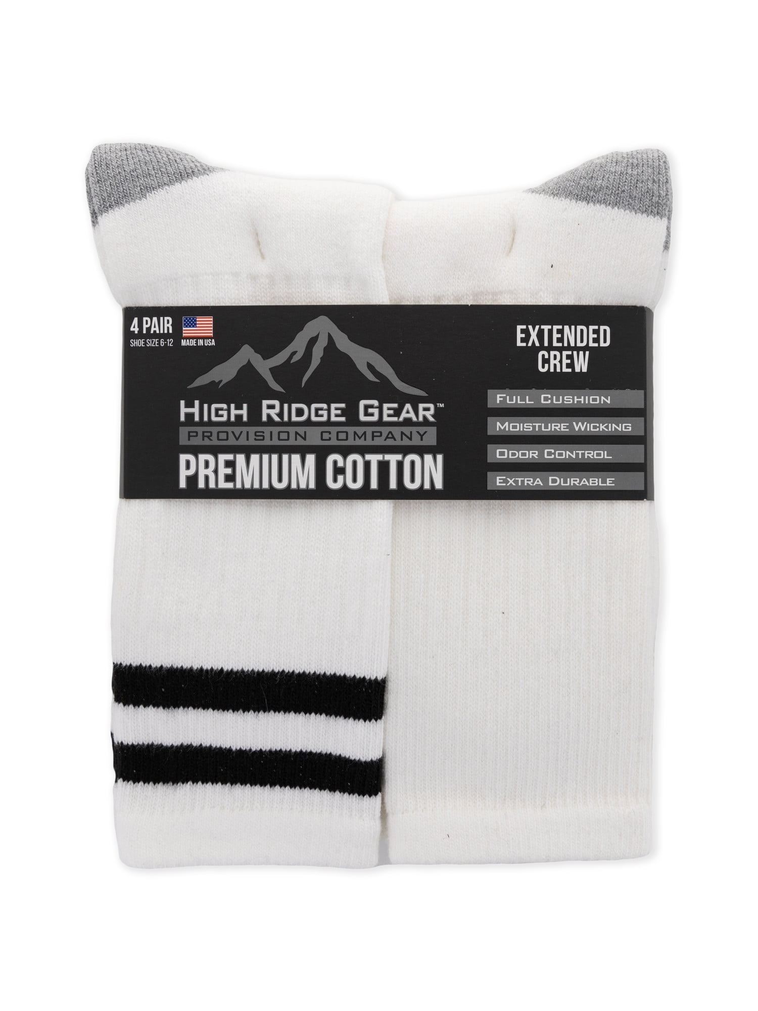 High Ridge Gear Men's Premium Cotton Crew Socks, 4 Pack