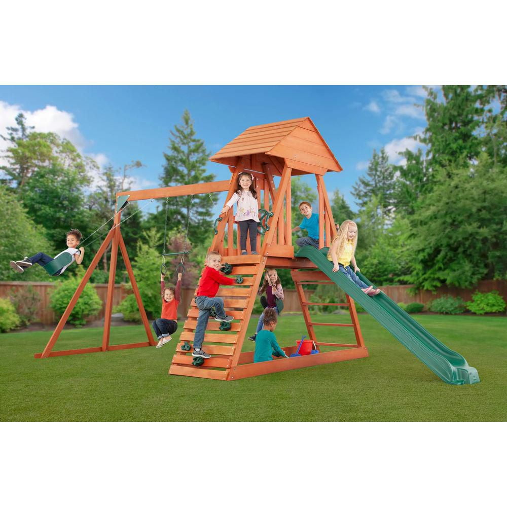 Creative Cedar Designs Cedar Chalet Wooden Playset with Rock Wall ...