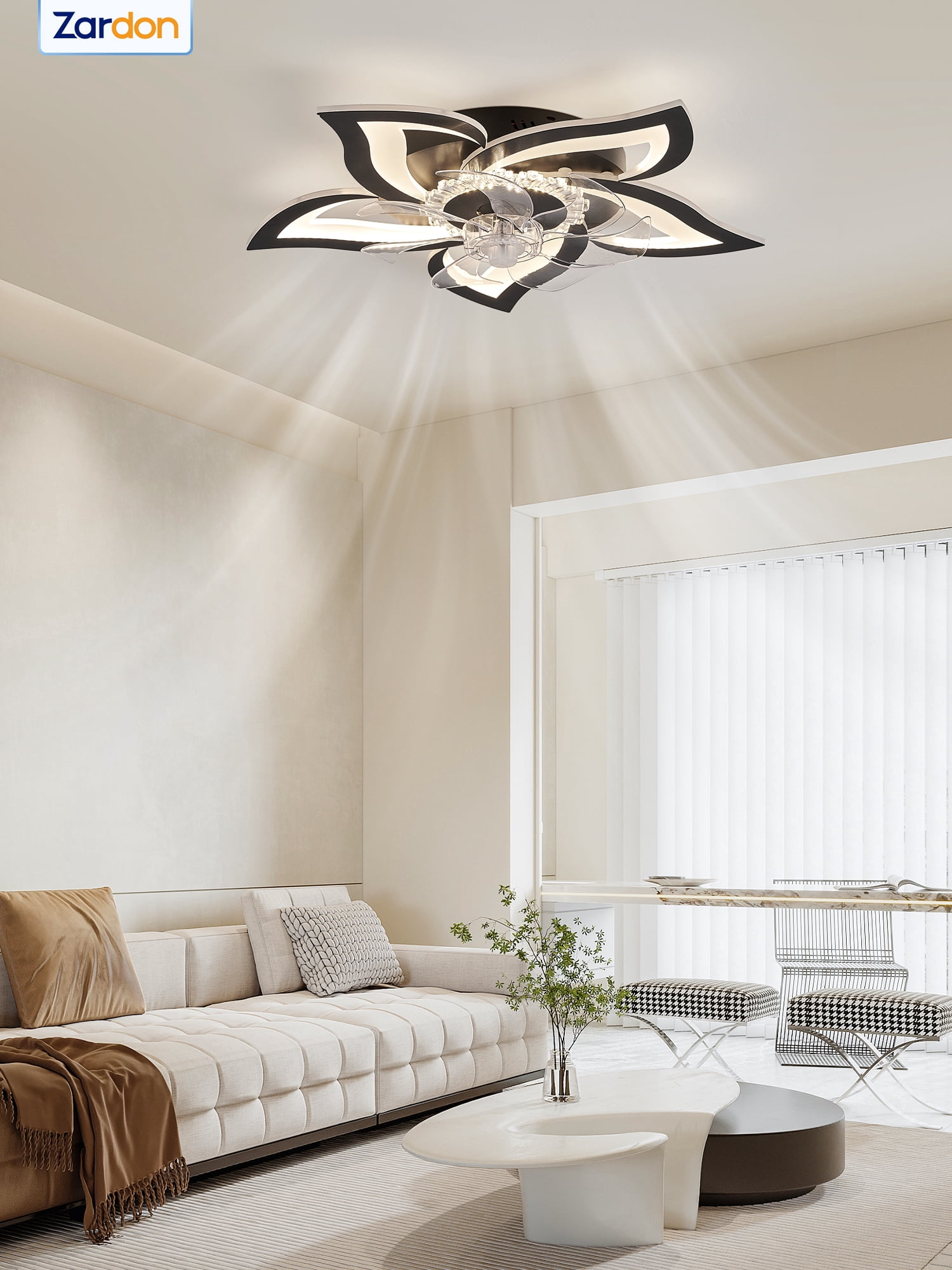 Zardon 27" Flower Ceiling Fan with LED Lights and Remote Control, Flush Mount Ceiling Fan for Indoor Bedroom Living Room, Low Profile - Black