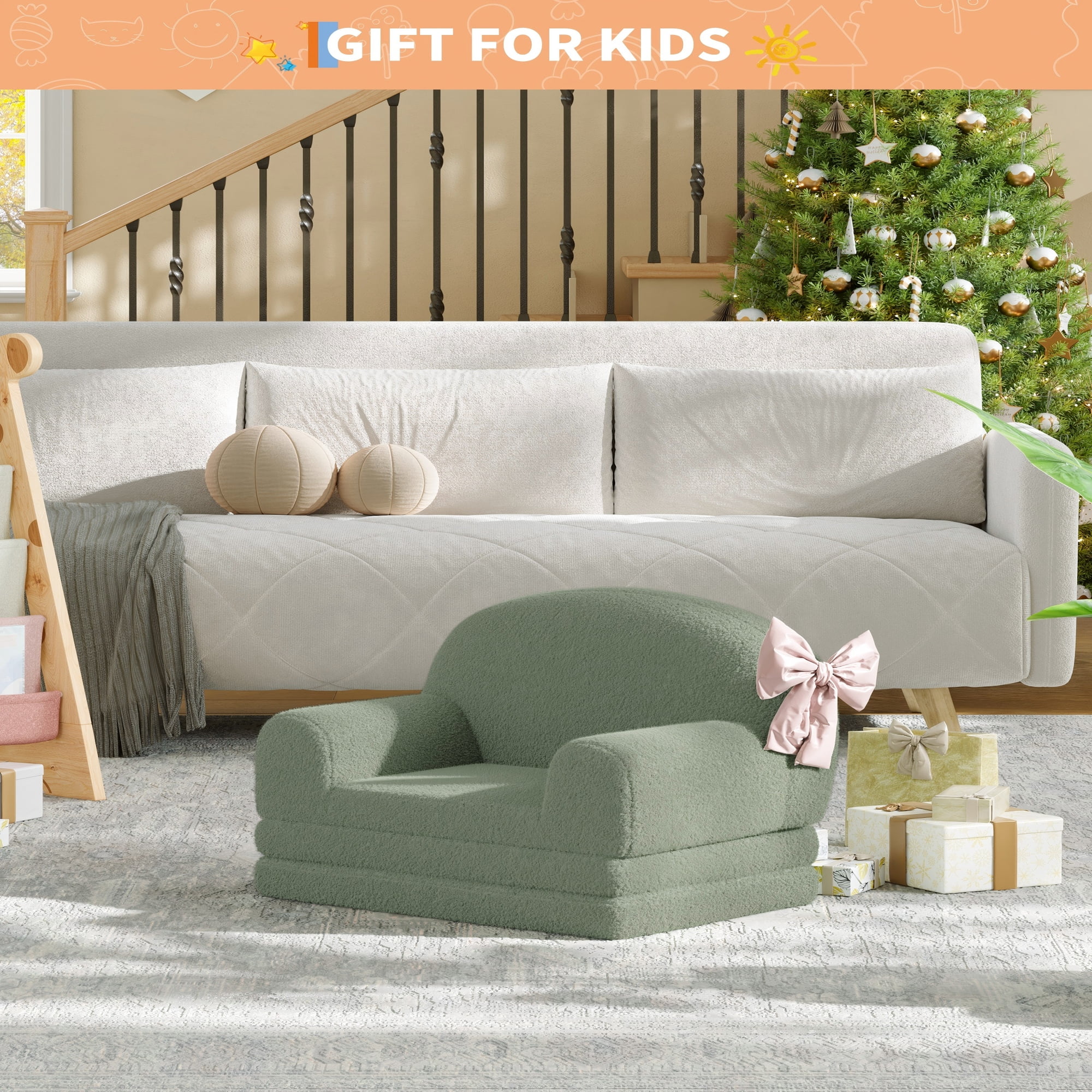 COZONY 2-in-1 Kids Sofa Chair, Convertible Toddler Couch Lounger, Fold-Out Teddy Fleece Sofa Bed