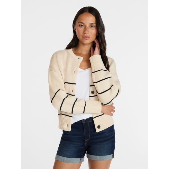 Time and Tru Women's Striped Cardigan Sweater with Long Sleeves, Sizes XS-XXXL