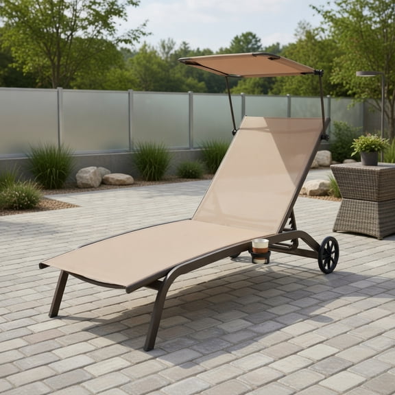 GVN Chaise Lounge Outdoor, Lounge Chair Outdoor,Patio Heavy-Duty Adjustable Chaise Lounge Chair with Canopy Cup holder and Wheels-Brown