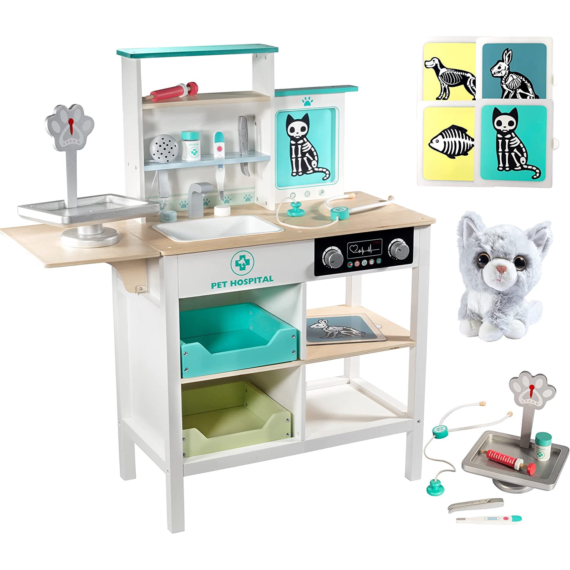 Svan Vet Center Pretend Pet Hospital Playset- Wooden Animal Interactive Medical Checkup Set with Toy Cat, X-Ray Cards Stethoscope & Veterinarian