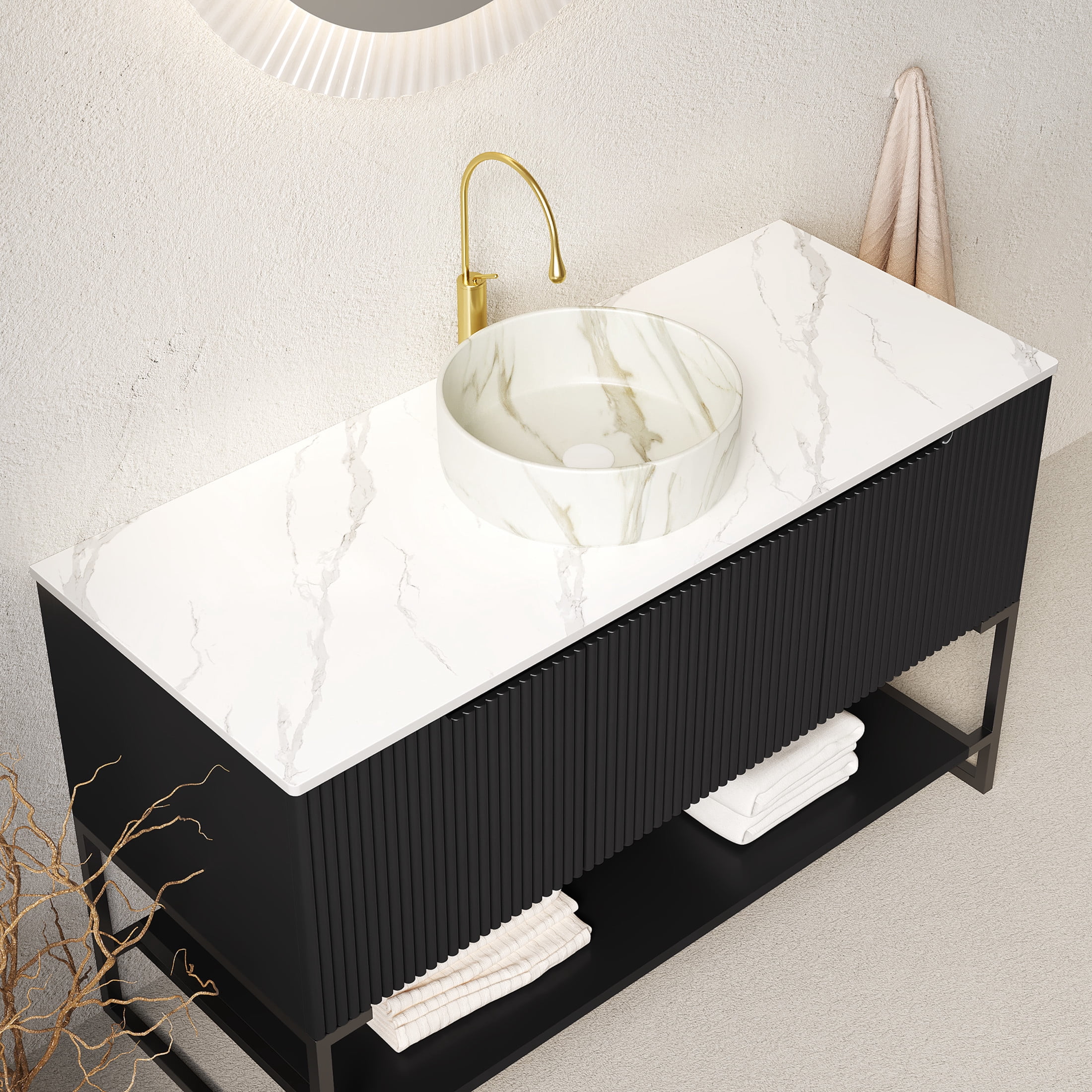 Noble House Tulio 48" Freestanding Bathroom Vanity with Sintered Stone Countertop, Stone Round Ceramic Basin, Black