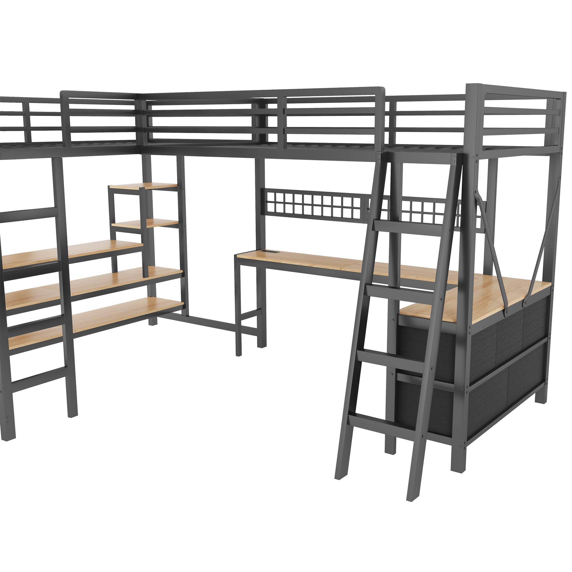 HOQBN L-Shaped Loft Bed Twin Size with 2 Built-in Desks and Show Shelves, Heavy Duty Metal Gaming Loft Bed with 5 Drawers, LED Lights, Charging Station and DIY Grid,Black