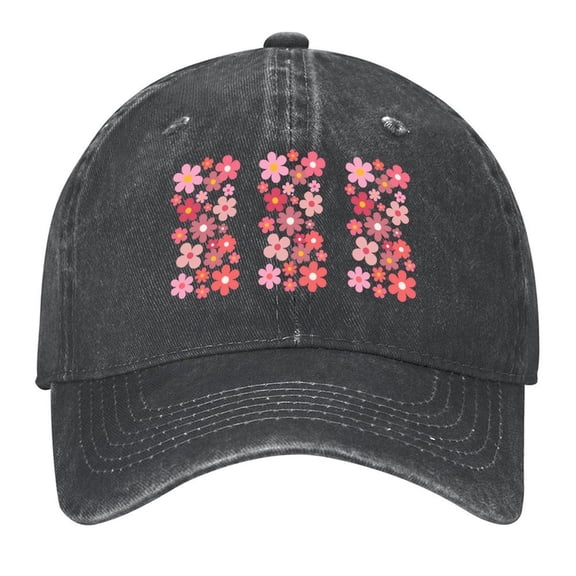 Washed Cotton Baseball Caps for Men Women, Breathable Retro Adjustable Dad Hats with Crown for Running, Outdoor, Daily Casual Wear, Black-Pink Daisies
