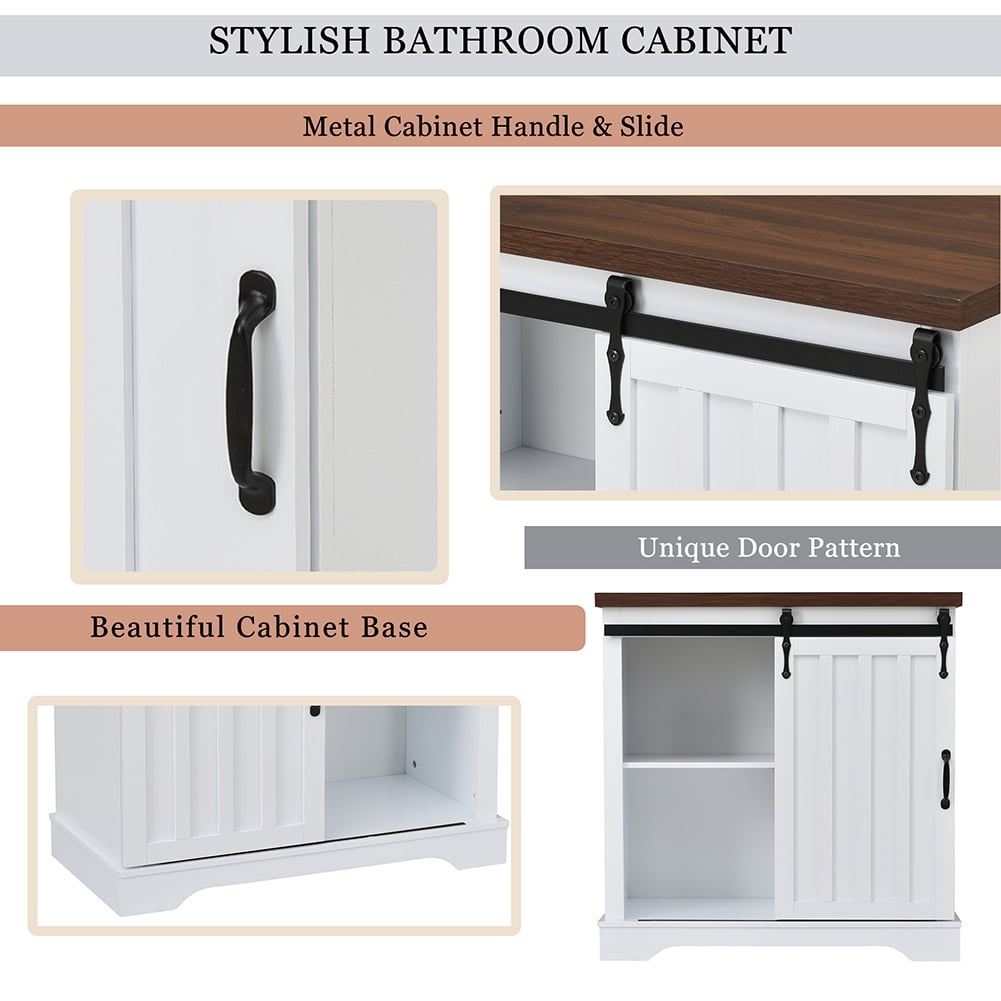 Resenkos Freestanding Bathroom Storage Cabinet,White Sliding Barn Door, Thick Top, Adjustable Shelf, White and Brown Resenkos Freestanding Bathroom Storage Cabinet,White Sliding Barn Door, Thick Top, Adjustable Shelf, White and Brown