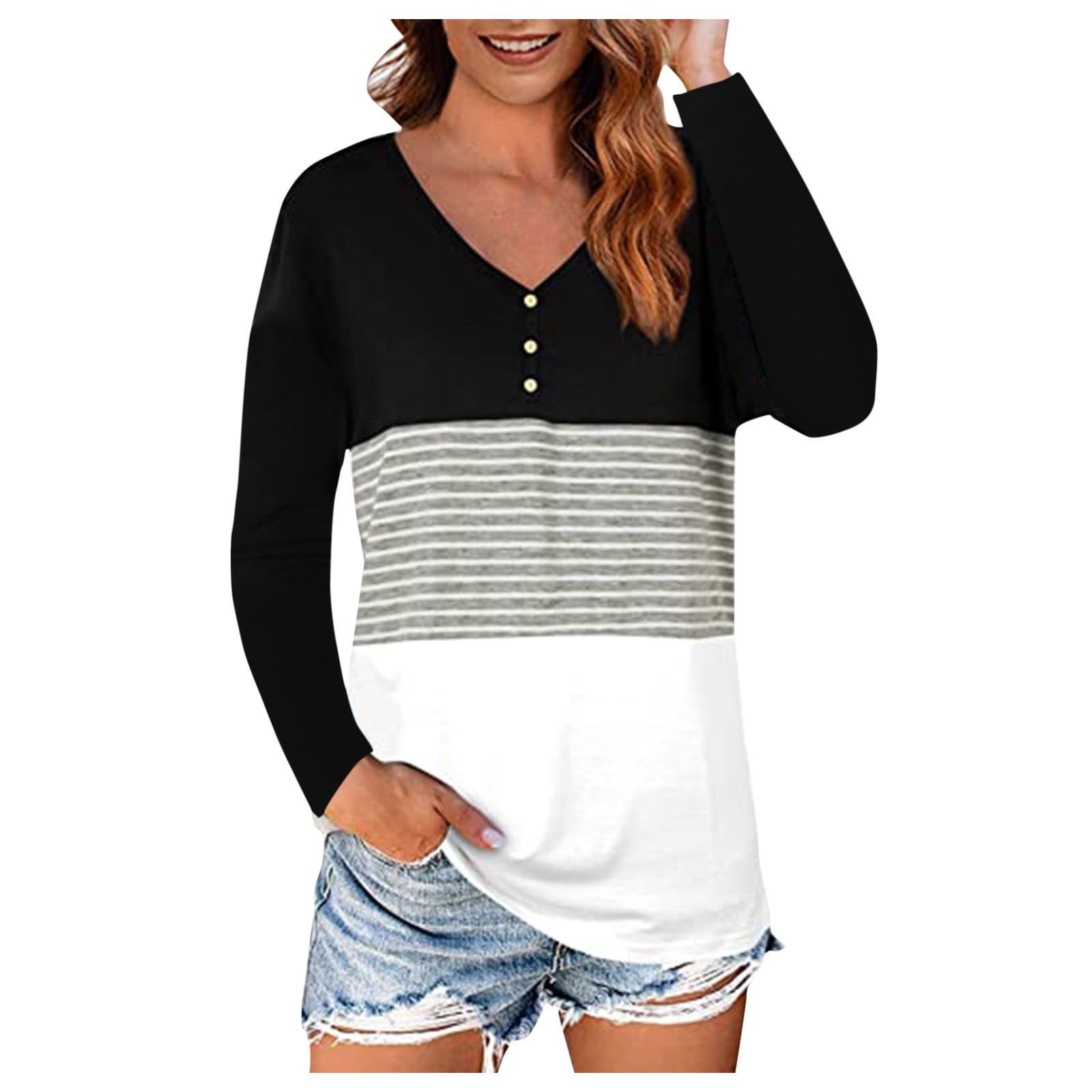 Womens Casual Knitted Shirts Lantern Sleeve Color Block Loose Fit Blouse Tops Pullover 