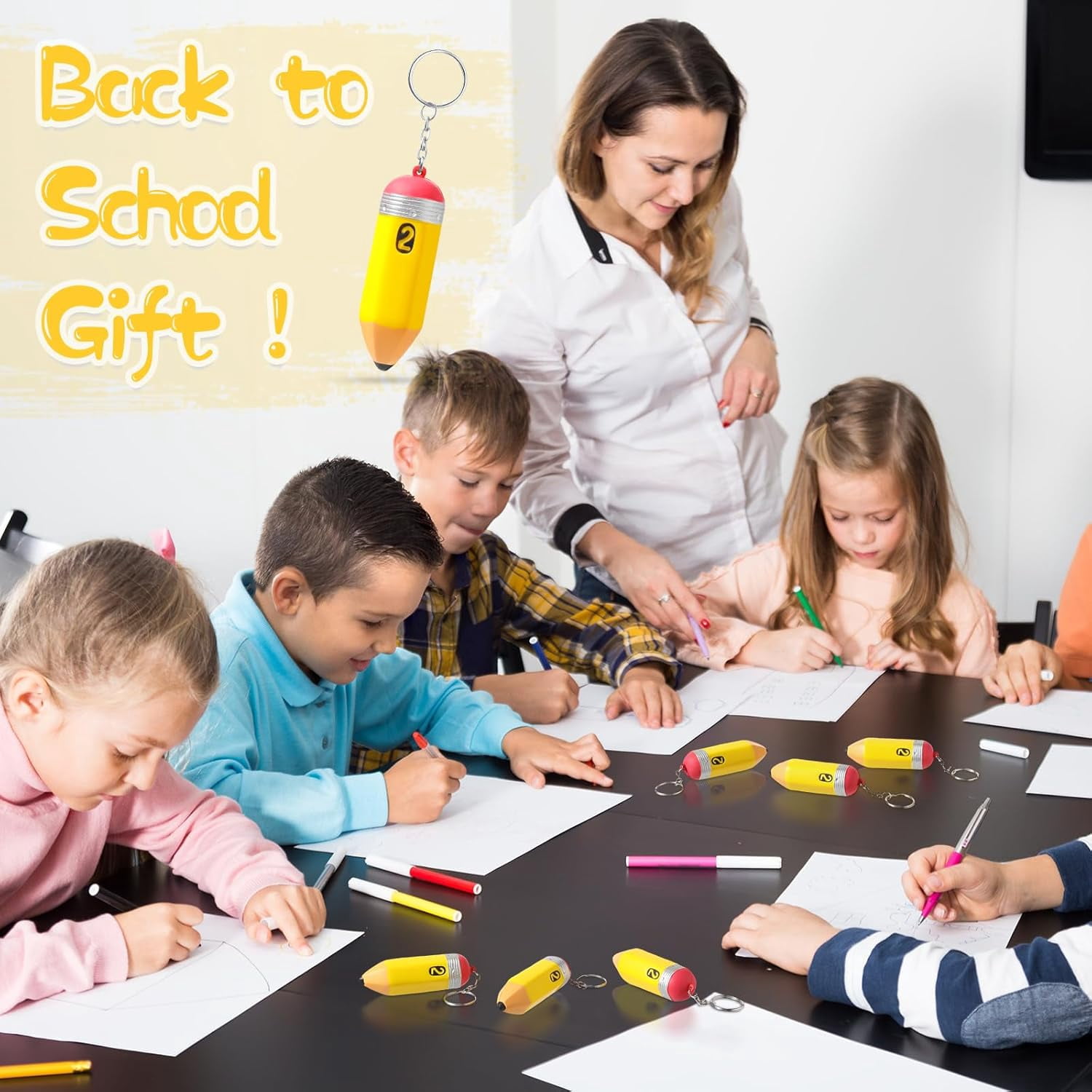 Back to School Gift Bulk for Teacher Cute Foam Squeeze Pencil Teacher Keychains First Day of School Gift for Party