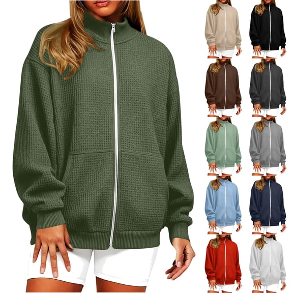 JPVDPA Waffle Knit Bomber Jacket Women 2025 Fall Casual Lightweight Jackets Zip Up Long Sleeve Outerwear with Pockets Dark Gray L