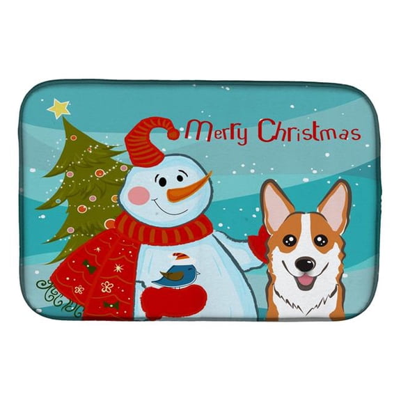 Snowman With Red Corgi Dish Drying Mat