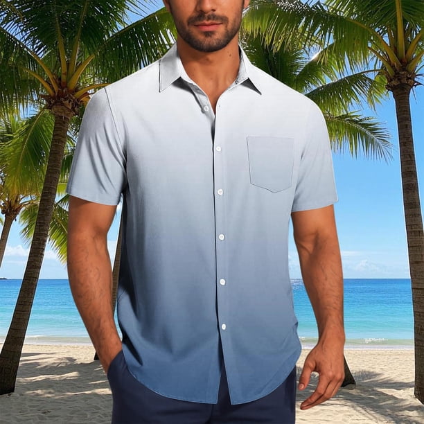 Blusa y camisa de manga corta con cuello vuelto para hombre, blusa informal de moda con cuello vuelto, estampado degradado, camisa de manga corta con botones, blusa de poliéster para hombre
