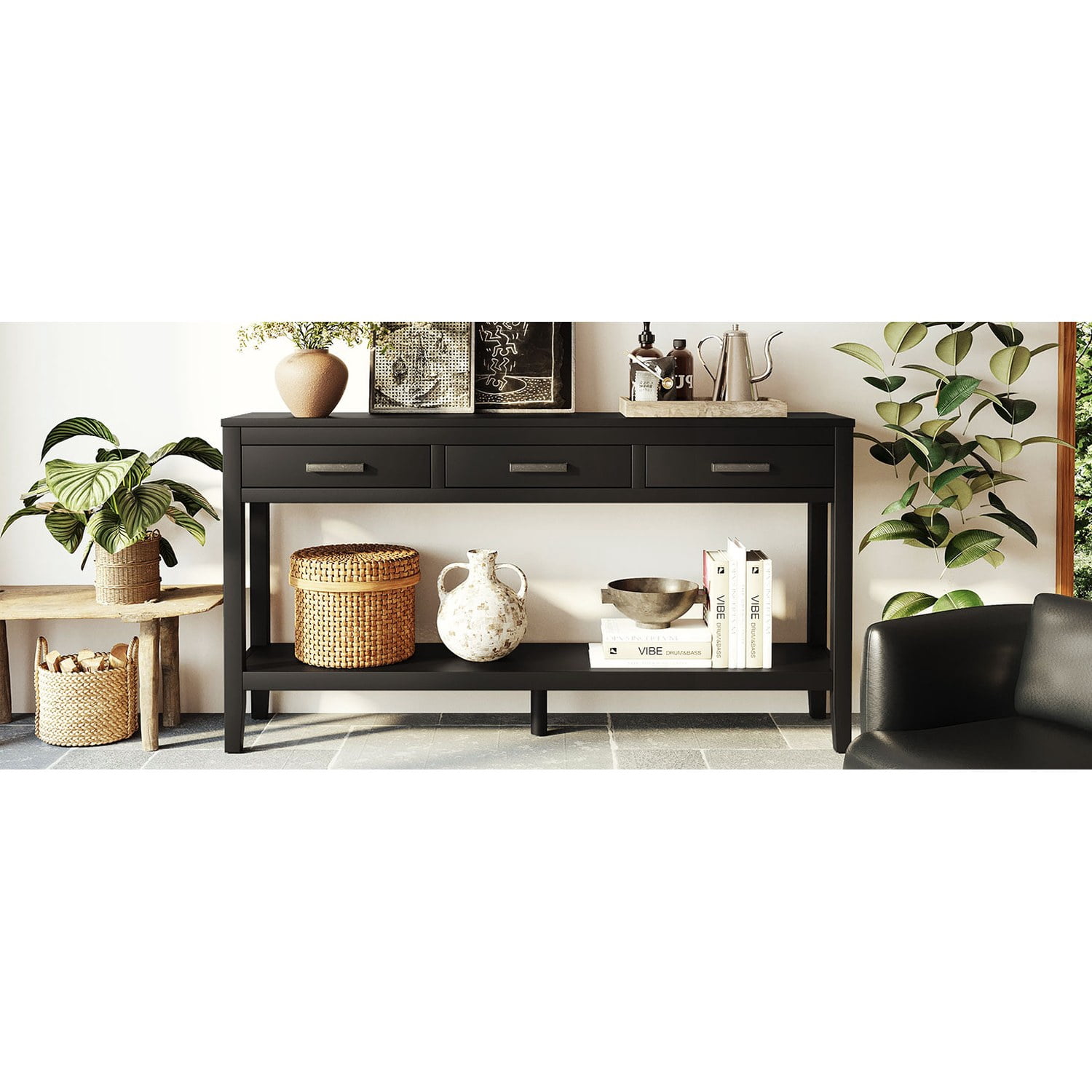 59.1" Farmhouse Entryway Table with 3 Drawers, Painted Console Table with Bottom Shelf & Iron Handles, Minimalist Sofa Table for Living Room, Hallway, Kitchen, Bedroom, Office