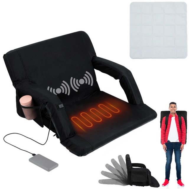 Siège de Stade de Massage Chauffant, Chaise de Gradins Inclinable avec Soutien du Dos et des Bras, Coussin de Siège Chauffant avec Température Réglable et Mode de Massage, Coussin de Siège d'Hiver Portable pour le Camping, la Pêche sur Glace